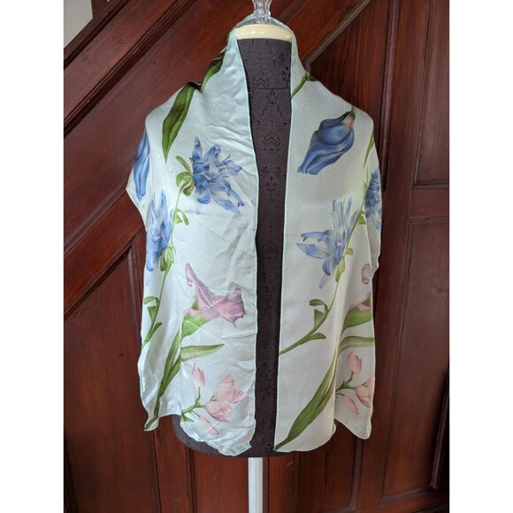 Vintage Echo Silk Floral Print Light Green Scarf Wrap With Pink & Blue Flowers - Picture 1 of 6
